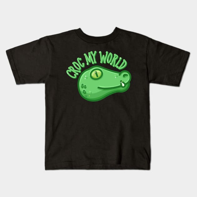 Croc My World Kawaii Crocodile Pun Kids T-Shirt by CyndiCarlson